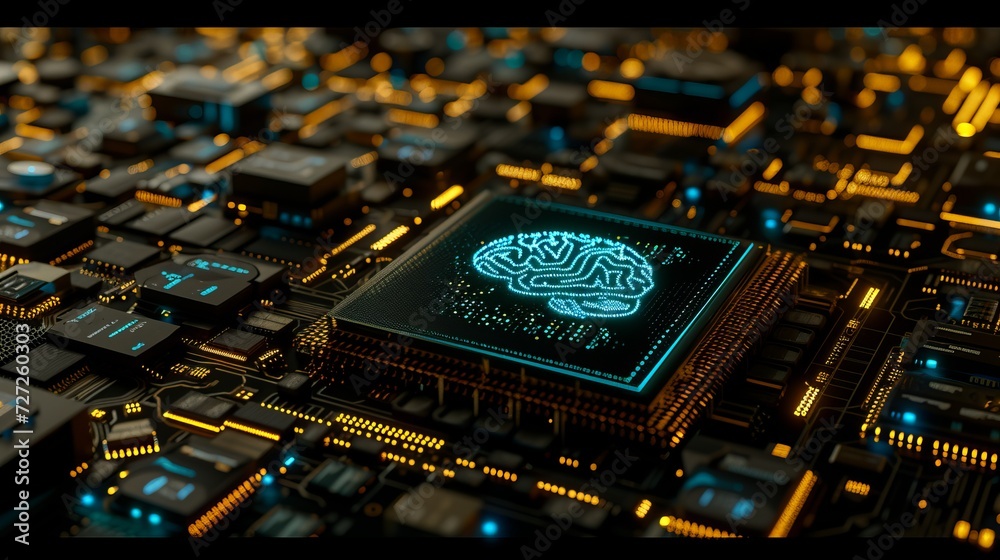 Poster interactive holographic brain icon on cpu with copy space for text, data security concept
