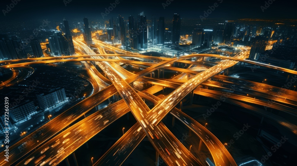 Poster A panoramic view of a large highway junction at night, capturing the glow of city lights and traffic streams. Generative AI