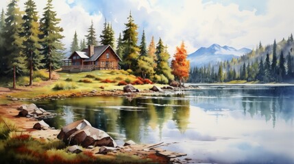A peaceful lakeside cabin surrounded by pine trees and a serene lake. landscape watercolor...