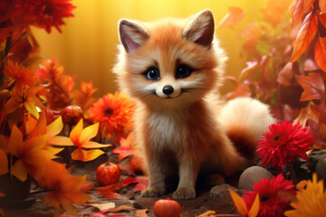 Adorable young red fox kitten with beautiful white fur, looking cute and funny, against a green background of grass and autumn leaves in the forest park.