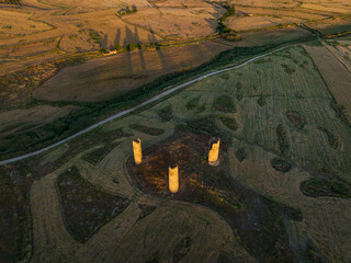 Aerial view of the ruins of the towers of Galvez castle in Toledo, Spain, abandoned since the 15th century. - 727260560