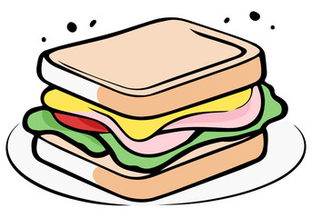 Zdrowa kanapka z serem sałatą i szynką ilustracja - obrazy, fototapety, plakaty