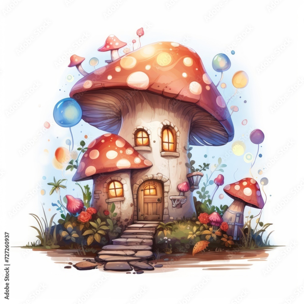 Poster an enchanting cottage adorned with fairy lights and surrounded by whimsical mushrooms. generative ai