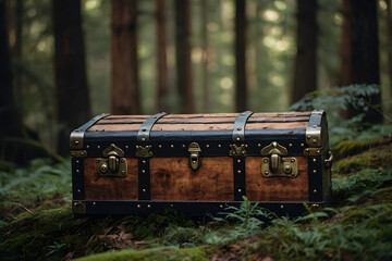 Close-up wooden and black leather detailed chest in the forest, wallpaper