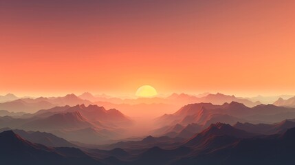 Obraz premium The sky begins to turn pinkish orange as the sun sets softly on the gliding lines of the mountains that look ethereal. The realistic mountain scenery gives a feeling the serenity and wonder of nature.