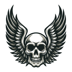 Fototapeta premium Skull wings vector illustration, winged skull badge emblem template suitable for apparel t-shirt, poster, motorbike club logo, tattoo. Design isolated on white background