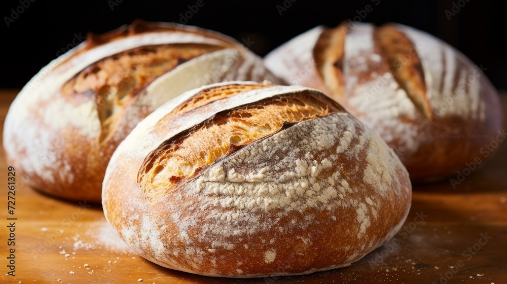 Poster Artfully scored boules of artisan bread, highlighting the contrast between crust and crumb. Generative AI
