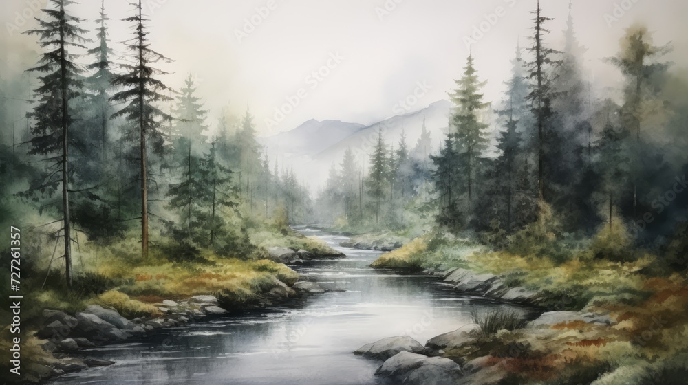 Poster a serene river winding through a dense, foggy forest. landscape watercolor generative ai