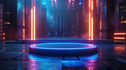 Sci Fi Futuristic Podium. Futuristic Stage neon. 3D rendering. Cyberpunk podium. Futuristic technology podium. on clorful neon light background