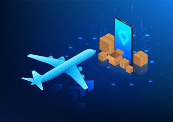 E-commerce industry, airplanes to transport goods around the world It uses a smartphone to order products online along with specifying the delivery location. Airplane flying into cell phone with box - obrazy, fototapety, plakaty