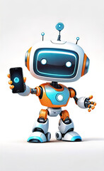 Obraz premium vector illustration, 3D robot character interacting with advanced technology smartphone interface, cyber cartoon character, background for smartphone or shorts,