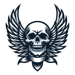 Skull wings vector illustration, winged skull badge emblem template suitable for apparel t-shirt, poster, motorbike club logo, tattoo. Design isolated on white background