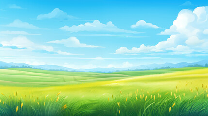 Fototapeta na wymiar a clear summer inspired long wide grass field, manga artwork