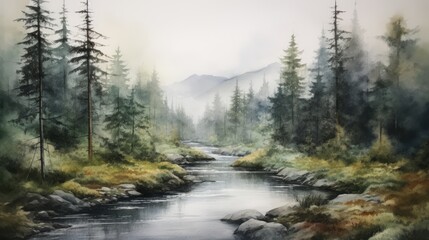 Fototapeta na wymiar A serene river winding through a dense, foggy forest. landscape watercolor Generative AI
