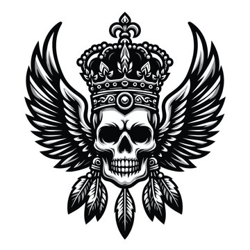 Skull wings crown vector illustration, winged skull badge emblem template suitable for apparel t-shirt, poster, motorbike club logo, tattoo. Design isolated on white background