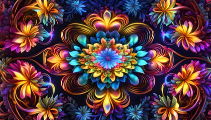 Fototapeta na wymiar Fantastic neutron electron flowers with neon light, fantasy art,