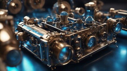 close up of a instrument  a steampunk,   Blue Medical Science Technology Abstract Background  - obrazy, fototapety, plakaty