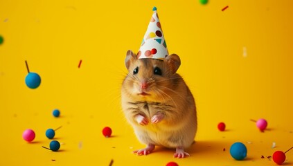 Fototapeta na wymiar hamster is wearing a birthday hat over yellow background.