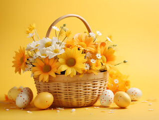 easter basket with eggs and flowers