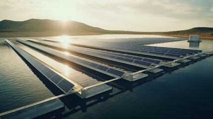 Bird's-eye views of a floating solar farm on a reservoir, utilizing water surface areas for renewable energy production. Generative AI
