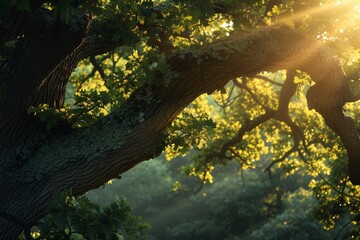 old oak tree foliage in morning light with sunlight