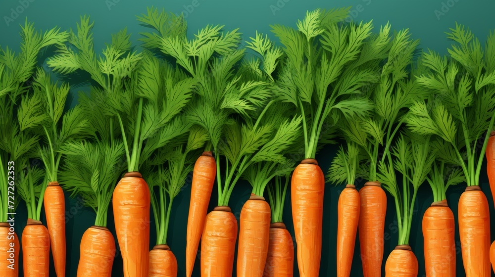 Poster carrots with tails lie on a green background Generative AI