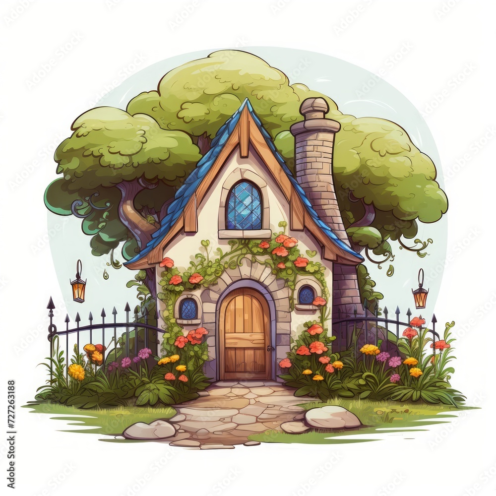 Poster a small fairytale dwelling featuring a charming arbor and a serene backyard. generative ai