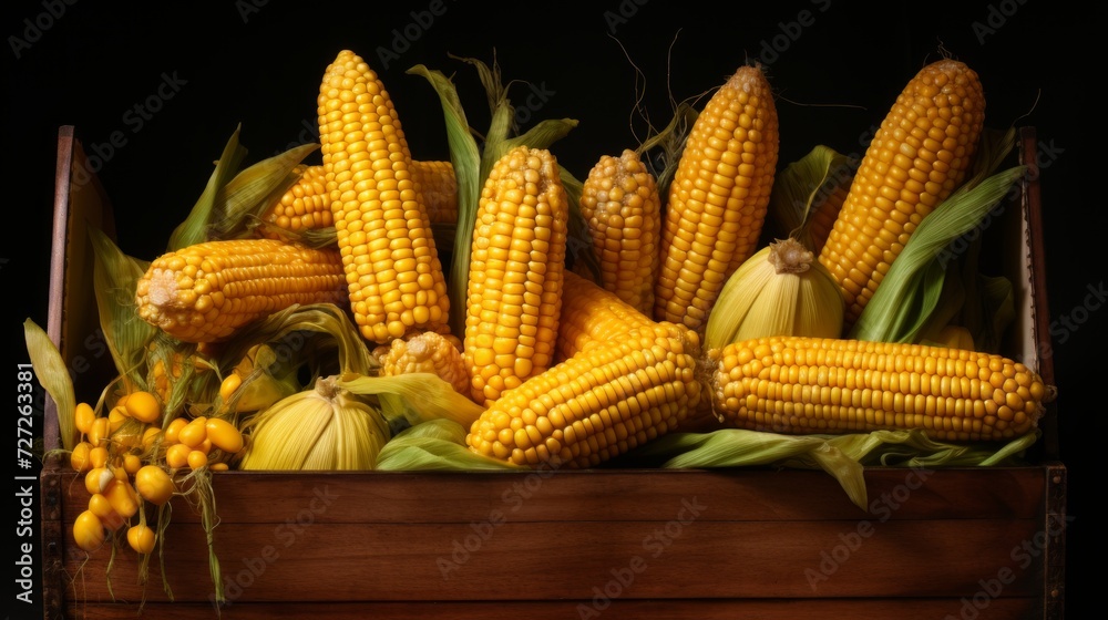 Poster close-up realistic photo capturing a box brimming with yellow corn cobs generative ai