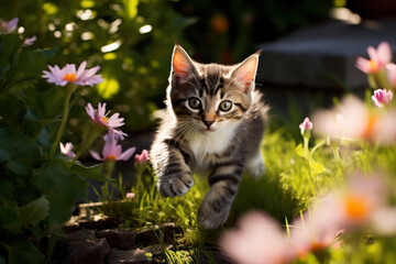 Naklejka na ściany i meble Kitten playing in garden surrounded by flowers. Pet care and joy.