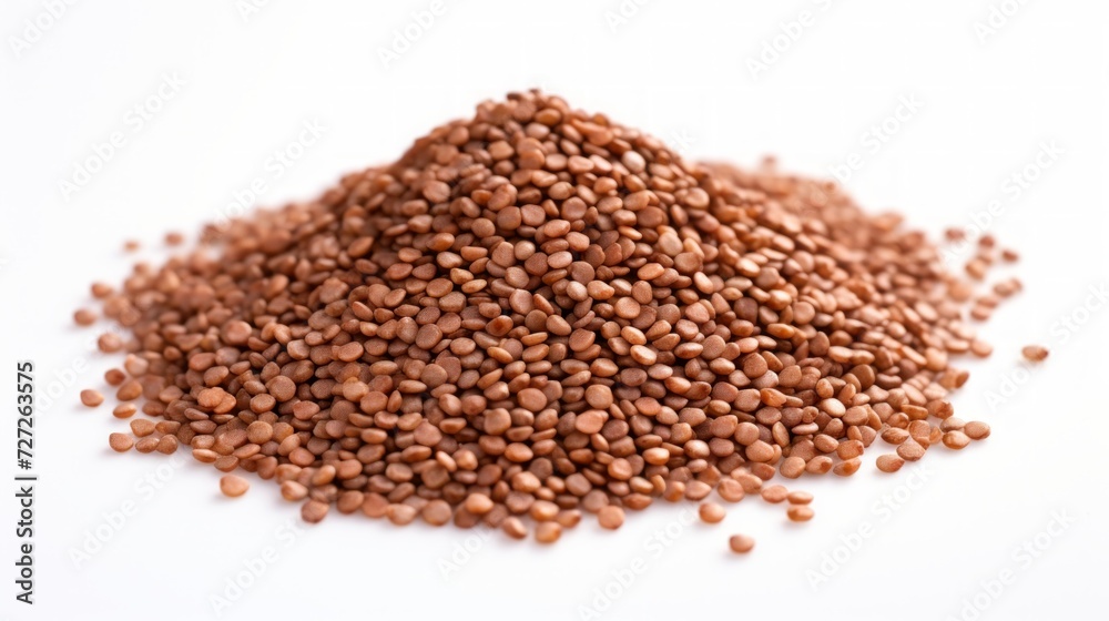 Poster Close-up realistic photo featuring a small heap of buckwheat groats on a white background Generative AI