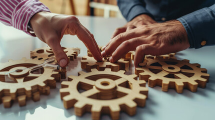 people's hands engaging with large interlocking wooden gears on a white surface, symbolizing teamwork and collaboration