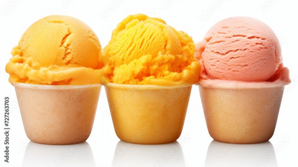 Aufkleber close-up realistic photo featuring three scoops of fruity mango sorbet on a white background generat
