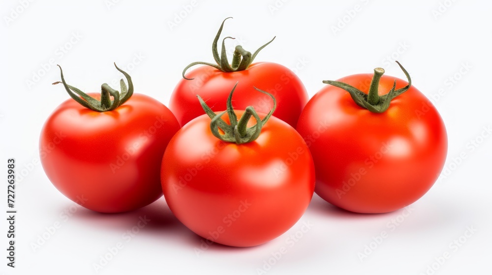 Poster close-up realistic photo of three plump, ripe tomatoes on a white background generative ai
