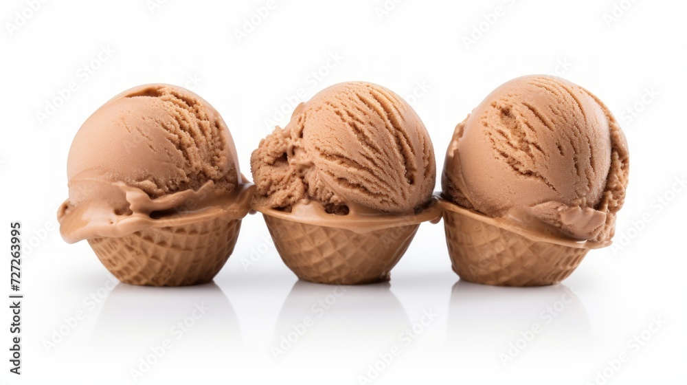 Poster close-up realistic photo of three scoops of hazelnut gelato on a white background generative ai