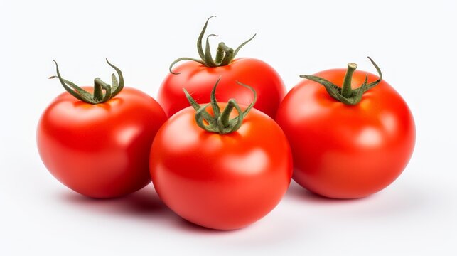 Close-up realistic photo of three plump, ripe tomatoes on a white background Generative AI