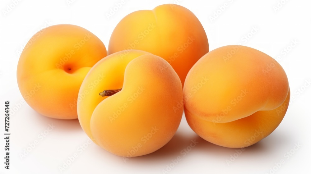 Poster close-up realistic photo of three sweet, golden apricots on a white background generative ai