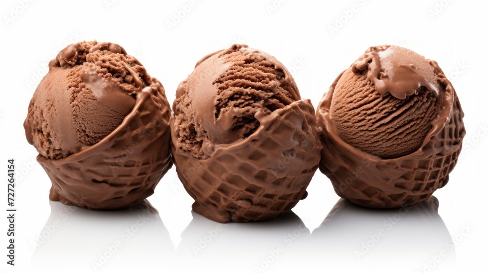 Poster Close-up realistic photo of three scoops of rich chocolate ice cream on a white background Generative AI