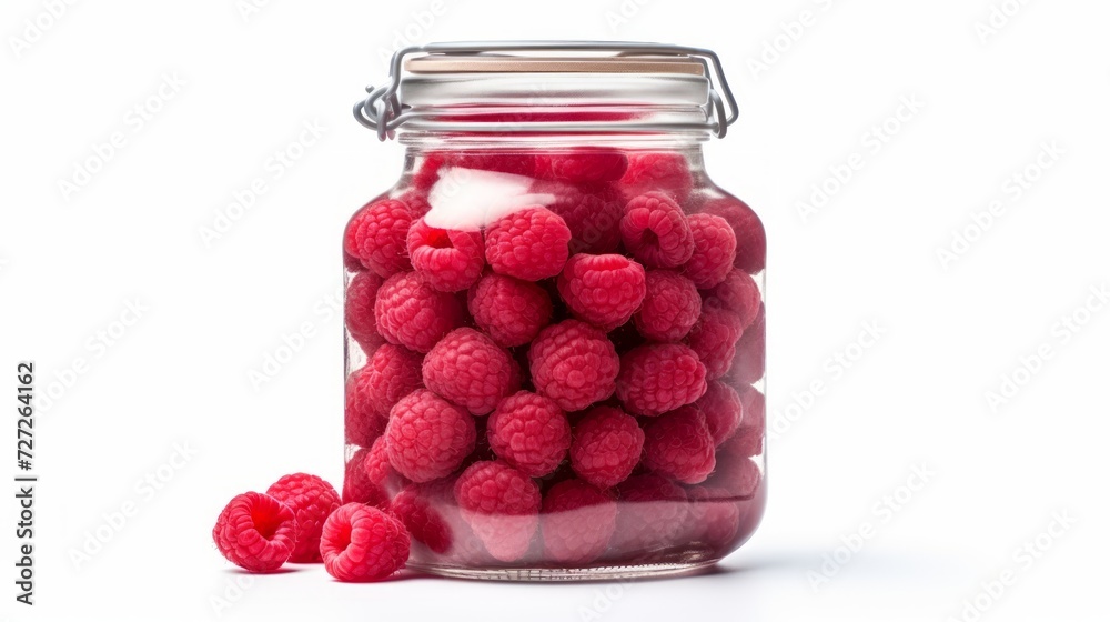 Poster close-up realistic photo showcasing a glass jar packed with luscious raspberries against a white bac