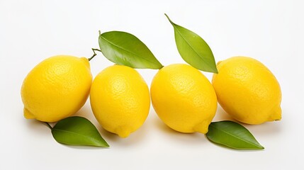 Close-up realistic photo showcasing three vibrant yellow lemons on a white background Generative AI