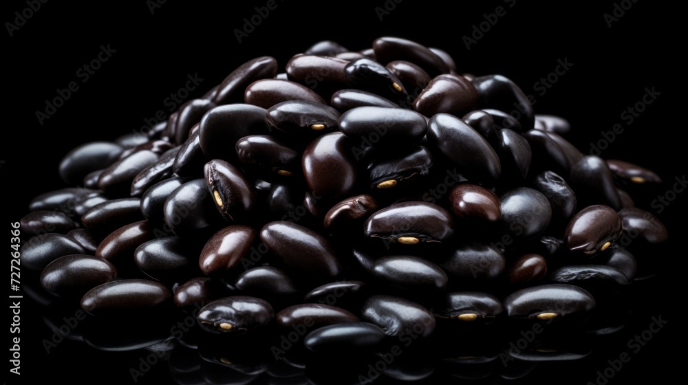 Poster a small pile of black beans showcased in a close-up realistic photo against a white background gener