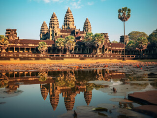 Aerial view of the majestic Angkor Wat temple complex in Cambodia, a UNESCO World Heritage Site.