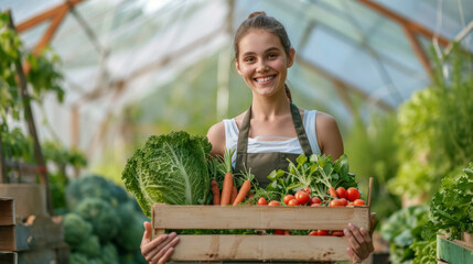 young woman in a greenhouse holding a wooden crate filled with fresh vegetables