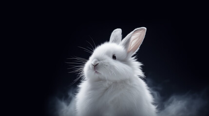 Big white fluffy rabbit full face on black background with smoke. - 727264551