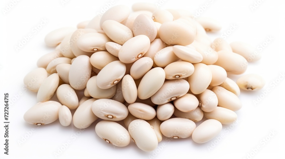 Poster a small pile of navy beans showcased in a close-up realistic photo against a white background genera