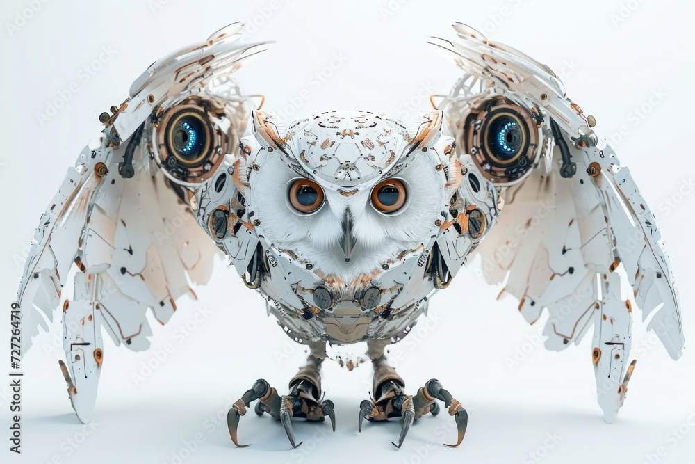 Aufkleber Conceptual image of a cybernetically enhanced owl with robotic wings and technological augmentations, against a plain white background Generative AI