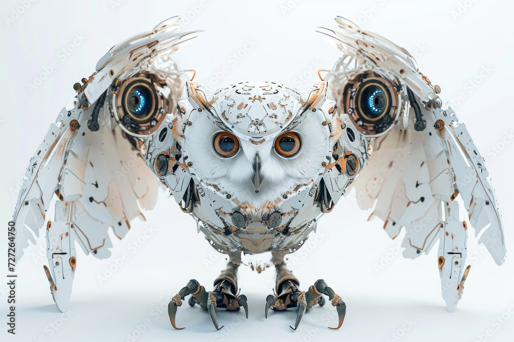 Fototapete Conceptual image of a cybernetically enhanced owl with robotic wings and technological augmentations, against a plain white background Generative AI