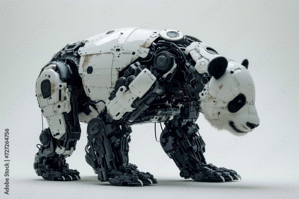 Poster Conceptual image of a cybernetically enhanced panda with robotic limbs and technological upgrades, displayed against a solid white backdrop Generative AI
