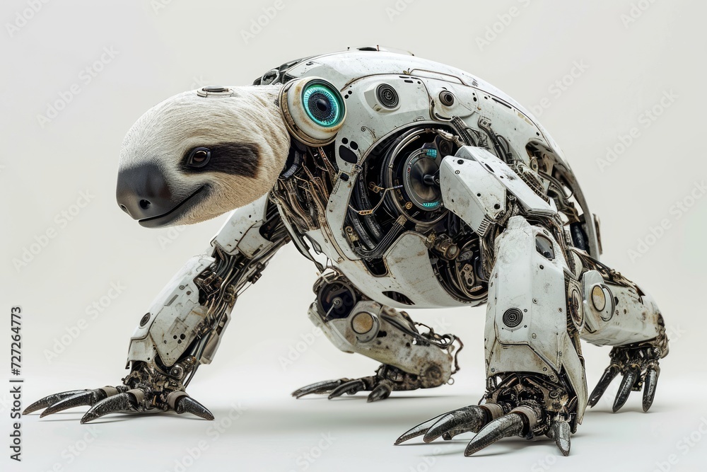Fototapete Conceptual image of a cybernetically enhanced sloth with robotic limbs and technological upgrades, displayed against a clean white setting Generative AI