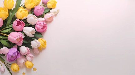 bouquet of tulips on a clean background, free space for text.