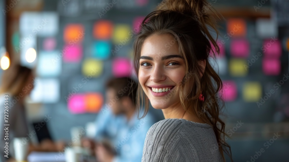 Aufkleber Conceptual image of a woman in a creative office, smiling joyfully while brainstorming ideas with a team in a collaborative space Generative AI